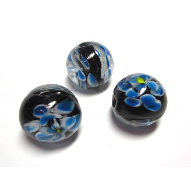 Rakuten - ◇高級トンボ玉◇ラウンド 約16mm 1粒 花模様 青黒 06-1371