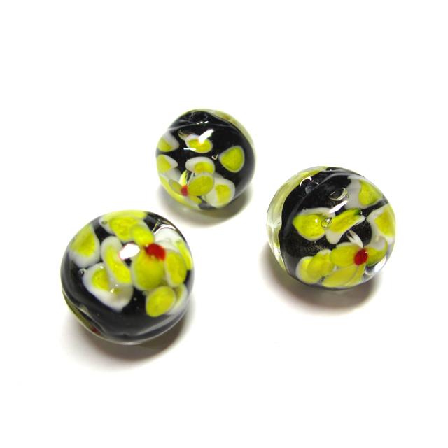 Rakuten - ◇高級トンボ玉◇ラウンド 約16mm 1粒 花模様 黄黒 06-1372