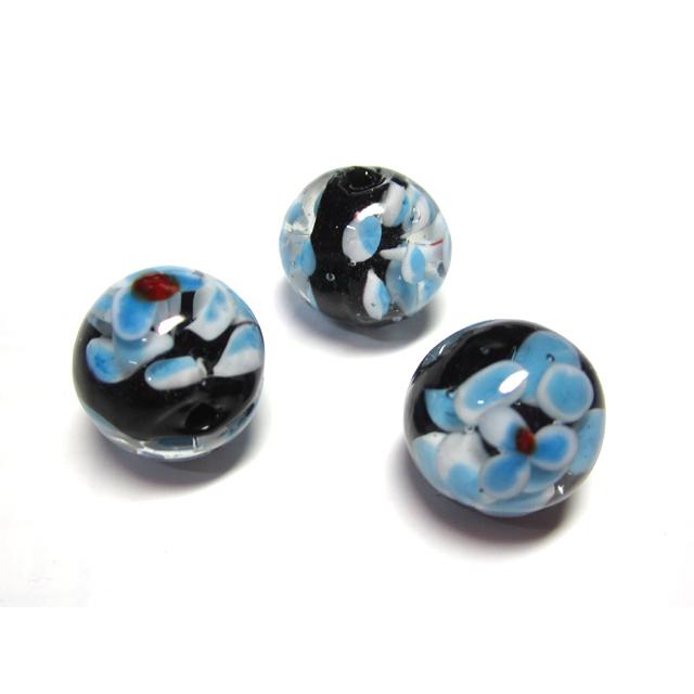 Rakuten - ◇高級トンボ玉◇ラウンド 約16mm 1粒 花模様 水色黒 06-1373