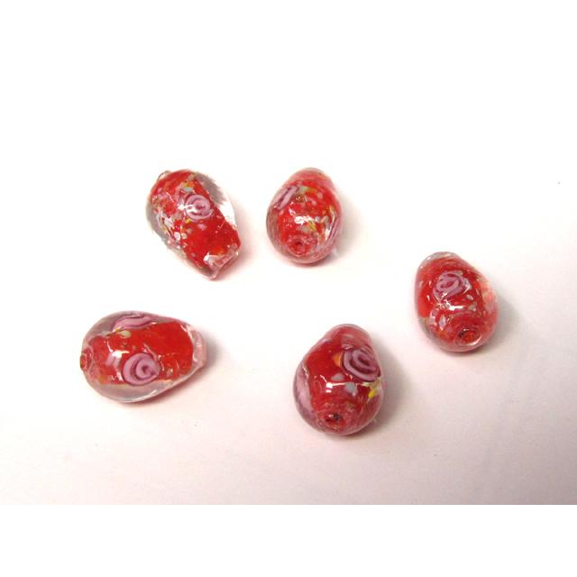 Rakuten - ◇トンボ玉連◇ドロップ 雫 花柄 レッド 約15×11mm 19粒 06-1394
