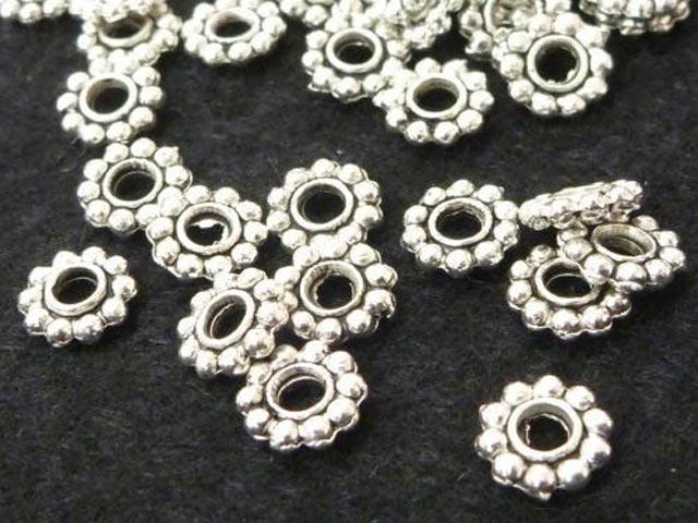 フラワー ロンデル 銀古美 約7mm (約100個入り) スペーサー 金属ビーズ アクセサリーパーツ ハンドメイド DIY
