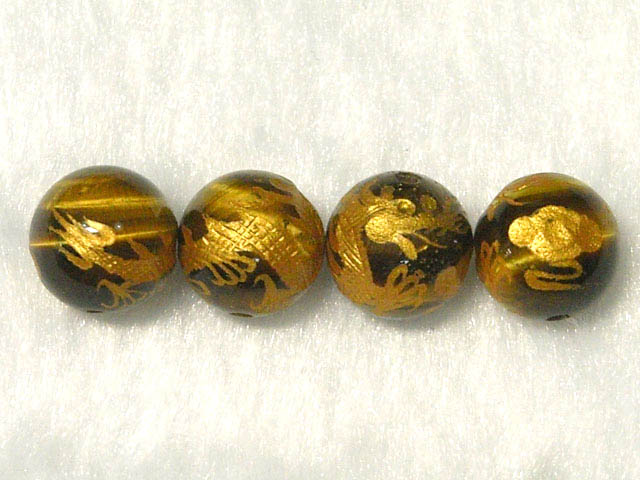 タイガーアイ 龍彫り虎目石 【1粒販売】 金塗り仕上げ 約10mm (天然石彫刻) パワーストーン ビーズ アクセサリーパーツ ハンドメイド DIY