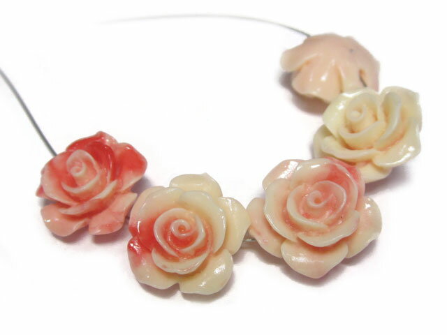 珊瑚 薔薇型ビーズ マーブルピンク 約15×8mm 【5個】 さんご サンゴ コーラル 山珊瑚 海竹 6001903