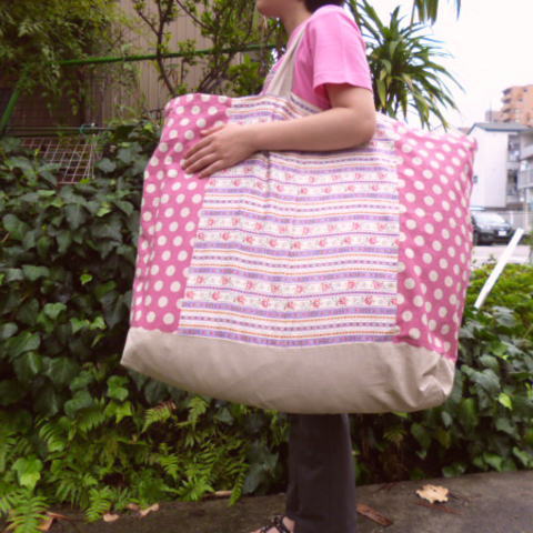 【特大サイズ】ローズボーダー(パープル）手作り特大お昼寝布団バッグ【入園準備】