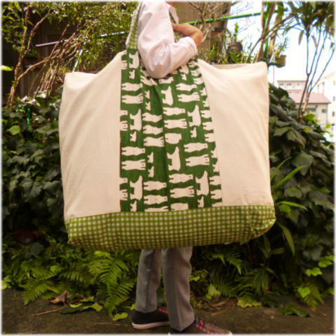 【布団バッグ】【入園準備】【特大サイズ】しろくま(グリーン）手作りお昼寝布団バッグ