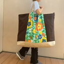 洗える!ポップフラワー(エメラルド)ネームタグ付手作りお昼寝布団バッグ/在庫2/茶/特大サイズ/綿 コットン/花柄 保育園 カバン かばん 託児所 入園バッグ ...