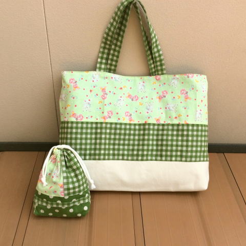 【通園通学バッグ】洗える！ウサ子と子羊裏付きレッスンバッグ/若草色/47x33/在庫1...