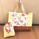 【入園準備】バスケットフラワー裏付き手作りレッスンバッグ&巾着袋セット/在庫1/黄色/45x32/手提げバッグ 保育園 綿 コットン カバン かばん 託児所 入...