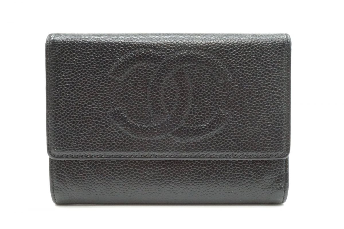 シャネル 財布 レディース（売れ筋ランキング） シャネル 三つ折り 財布 ココマーク シールあり キャビアスキン 黒 ブラック CHANEL 8558k