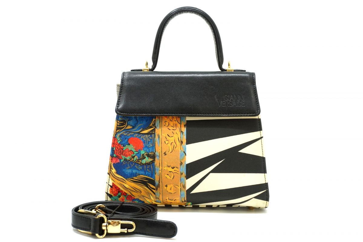 ジャンニ ヴェルサーチェ ヴィンテージ 2way ショルダー ハンドバッグ 幾何学柄 トップハンドル PVC レザー 黒 GIANNI VERSACE 2157h