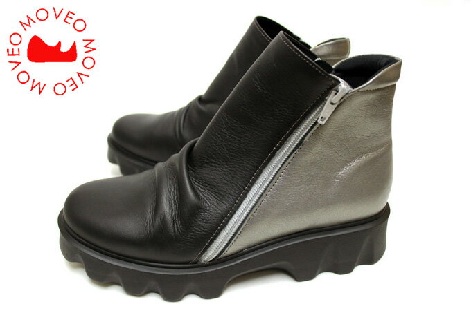 歩きやすいくて痛くない 安心の日本製 MOVEO/モべオ☆115-25261 本革 Wジッパー 厚底 ジップアップショートブーツ☆ブラック/PTN