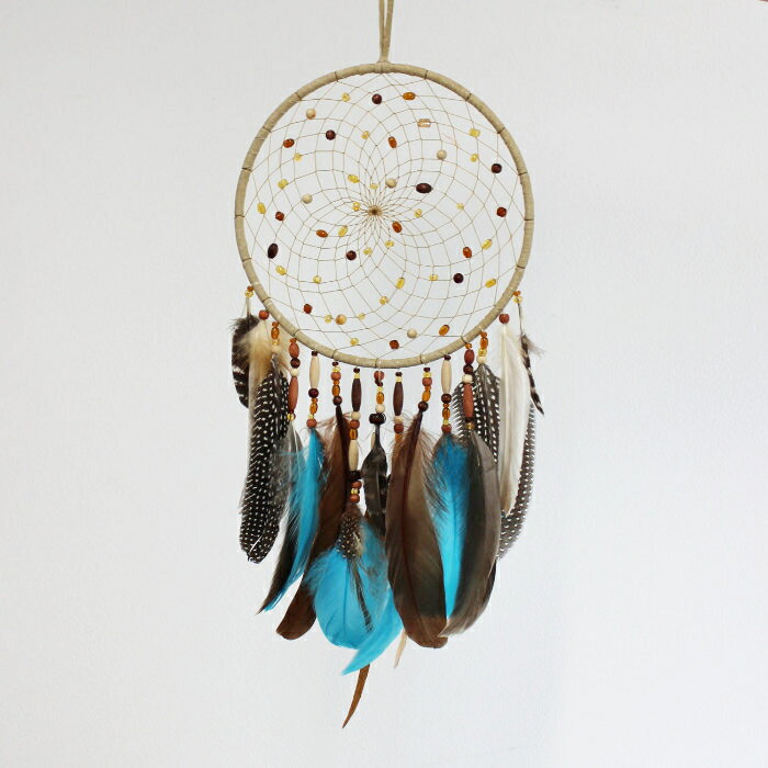 ドリームキャッチャー 本物 オジブア族 インディアン ハンドメイド 7インチ17.7cm フェザー ナチュラル色のガラスビーズ ナチュラルウッドビーズ- ターコイズ