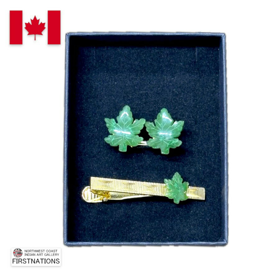 Gold - カナディアン アクセサリー ネクタイピン カフス 【 翡翠 金メッキ 】 カナダ 旅行 の お土産 にどうぞ カナダ翡翠 セット カエデ形3