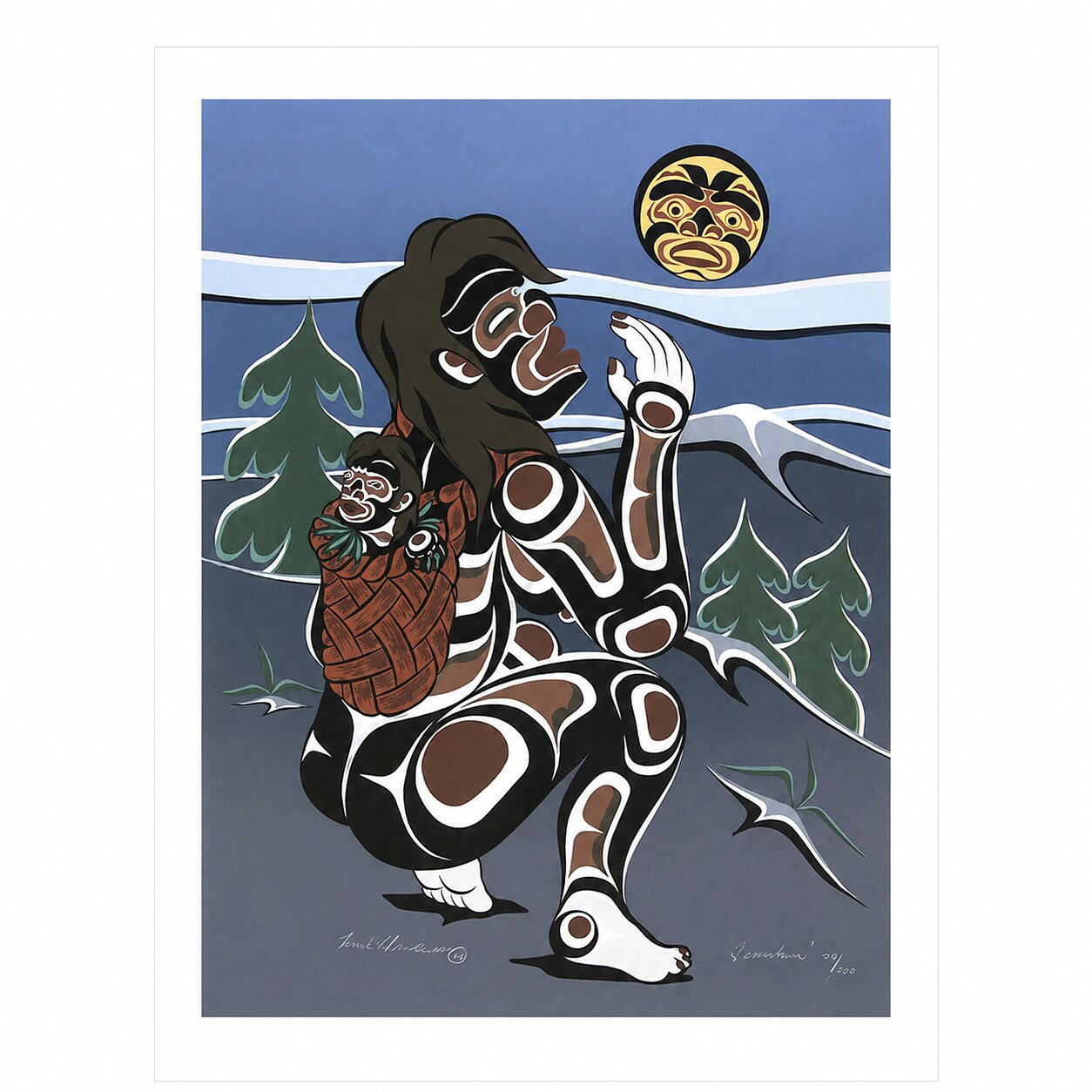 ■タイトル：TSONOQUA ■LOT番号/総数：115/145■紙サイズ： 43cm× 56cm ■画サイズ： 38cm× 50cm ■印刷日： 1995年 12月■作者コメント：■アーティスト：Kwagiulth族Mark Henderson■シンボル：Wild Woman of the Woods■商品説明：リビングや玄関、オフィスに一枚飾るだけで、空間の印象を大きく変えてくれるネイティブアートです。カナダ先住民（ファーストネーションズ）のアーティストによる原画をもとに制作された、数量限定のアートプリントです。作品はアーティスト本人が一枚ずつ確認し、認めたものにのみ直筆サインとエディション番号（限定番号）を記入しています。手頃な価格で本格的なネイティブアートを楽しめる人気シリーズです。ファーストネーションズアートならではの力強いデザインと物語性を、ぜひ暮らしの中でお楽しみください。■シルクスクリーンとは？シルクスクリーンは、一色ずつ版を重ねながら刷り上げる伝統的な版画技法です。原画の色彩や質感を忠実に再現できることから、美術作品や限定アート作品の制作にも広く用いられています。本作品はアーティスト公認のリミテッドプリントとして制作されており、原画の魅力をより身近に楽しめる作品です。■額装オーダーについて額装をご希望のお客様は「額装オーダー希望」をご選択ください。ご注文後、作品サイズ・額の仕様・送料を確認のうえ、正式なお見積りをご案内いたします。※額装費用は商品代金に含まれておりません。※作品にはアーティスト直筆サインとエディション番号（限定番号）が入ります。