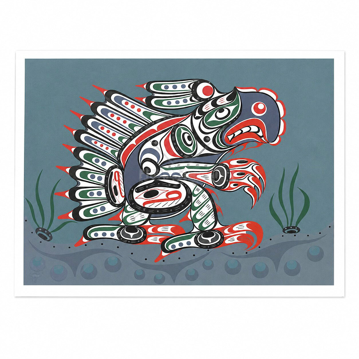 ■タイトル：KOLUS OF THE SEA■LOT番号/総数：194/200■紙サイズ： 49cm× 62cm ■画サイズ： 45cm× 59cm ■印刷日： 2006年 2月■作者コメント：■アーティスト：Kwagiulth族Tom Hunt■シンボル：Kolus■商品説明：リビングや玄関、オフィスに一枚飾るだけで、空間の印象を大きく変えてくれるネイティブアートです。カナダ先住民（ファーストネーションズ）のアーティストによる原画をもとに制作された、数量限定のアートプリントです。作品はアーティスト本人が一枚ずつ確認し、認めたものにのみ直筆サインとエディション番号（限定番号）を記入しています。手頃な価格で本格的なネイティブアートを楽しめる人気シリーズです。ファーストネーションズアートならではの力強いデザインと物語性を、ぜひ暮らしの中でお楽しみください。■シルクスクリーンとは？シルクスクリーンは、一色ずつ版を重ねながら刷り上げる伝統的な版画技法です。原画の色彩や質感を忠実に再現できることから、美術作品や限定アート作品の制作にも広く用いられています。本作品はアーティスト公認のリミテッドプリントとして制作されており、原画の魅力をより身近に楽しめる作品です。■額装オーダーについて額装をご希望のお客様は「額装オーダー希望」をご選択ください。ご注文後、作品サイズ・額の仕様・送料を確認のうえ、正式なお見積りをご案内いたします。※額装費用は商品代金に含まれておりません。※作品にはアーティスト直筆サインとエディション番号（限定番号）が入ります。