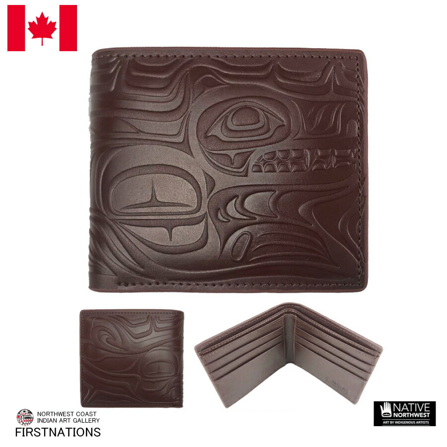 Rakuten - 二つ折り 財布 カナダ 先住民 インディアン レザーエンボスウォレット Leather Embossed Wallet - Spirit Wolf ウルフ オオカミ ブラウン 茶