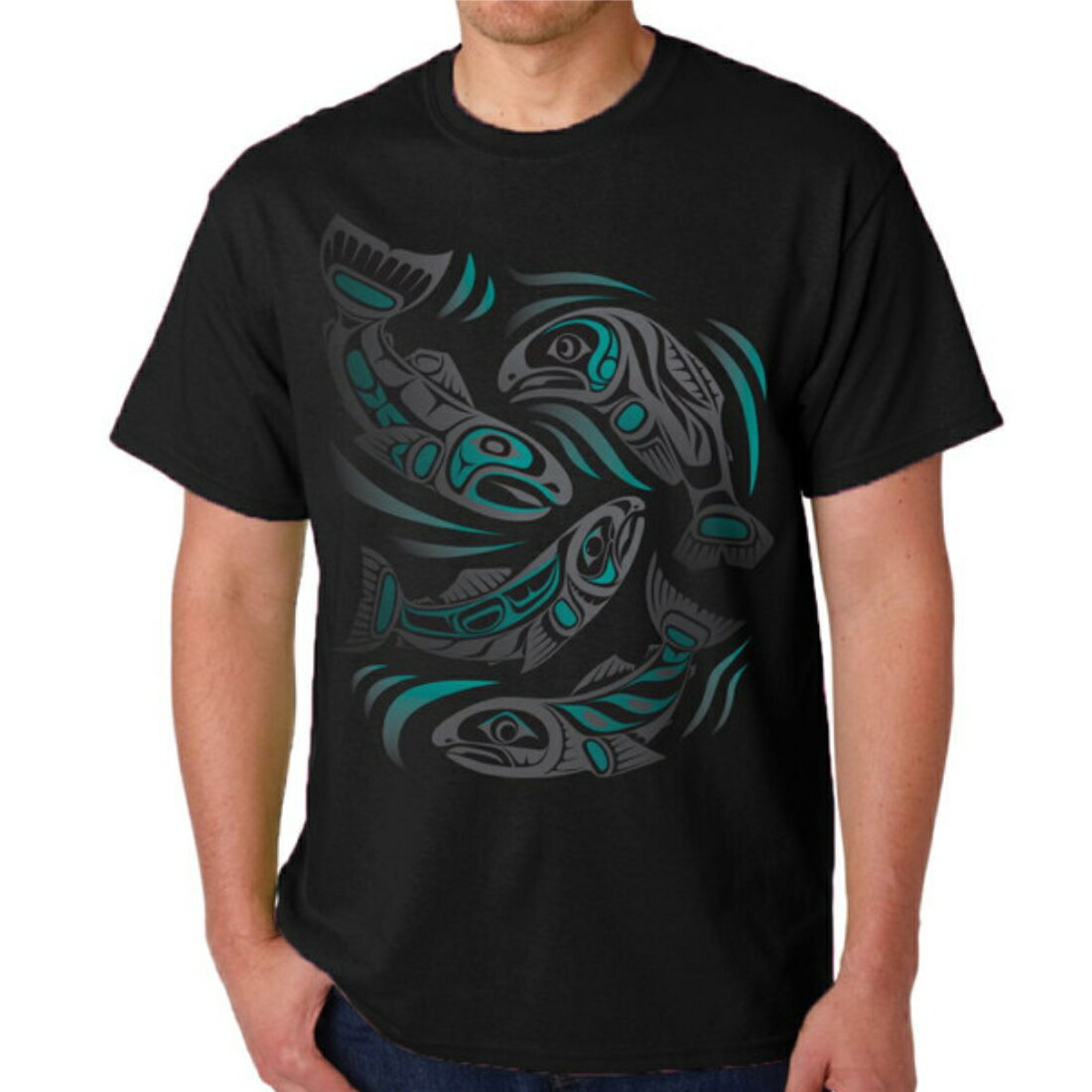 インディアンアート Tシャツ メンズ MENS カナダ 先住民 ネイティブ デザイン Sacred Salmon サーモン 黒 Black S-XL ティーシャツ