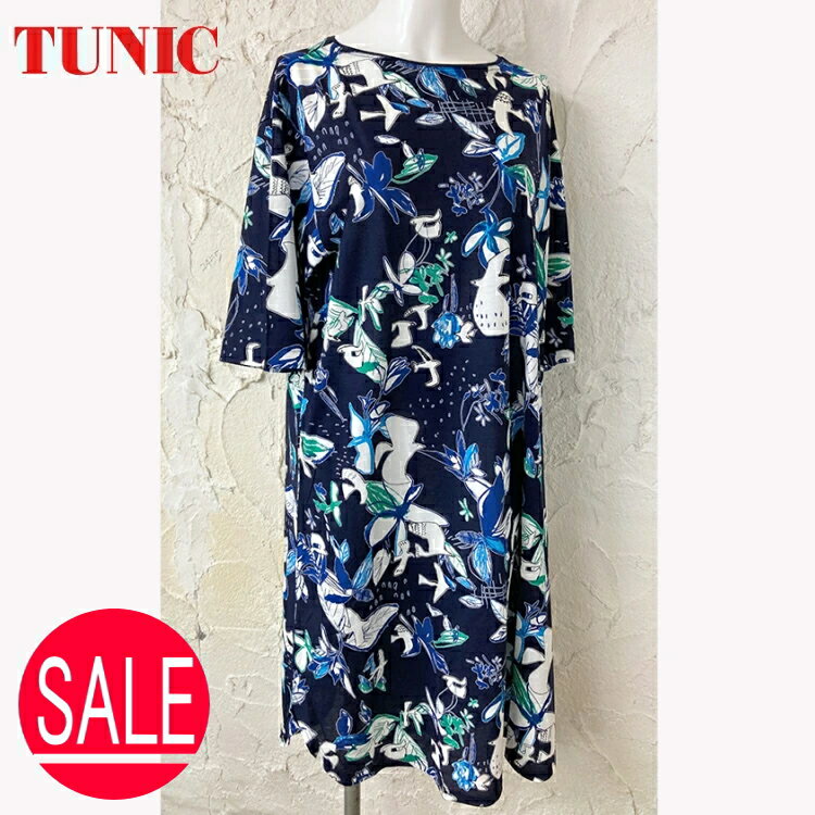 TUNIC チュニック ワンピース ルームウエア 43918N 綿100％ 6分袖 北欧花柄 フラワープリント フリーサイズ レディース