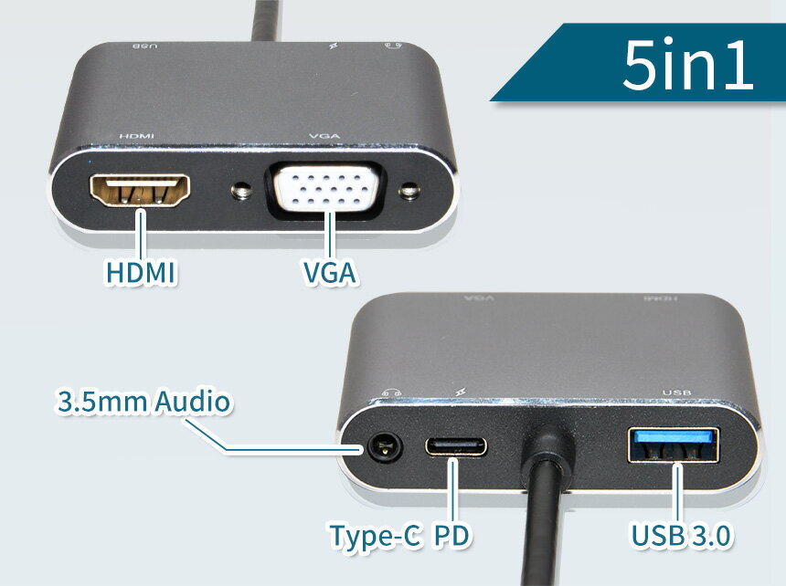 Type-C ハブ 5in1 変換アダプター USB-C 4K＠30Hz HDMI PD給電 対応 100W VGA 3.5mm Aux タイプC 急速充電 軽量 スマホ タブレット PC パソコン