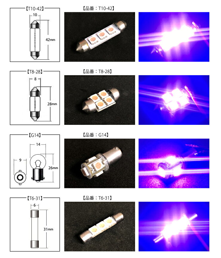 パープル発光 LEDバルブ T10 T8 T6 G14室内LEDランプ 室外LEDランプ 室内灯 車幅灯 ナンバー灯 ラゲッジ カー用品 車 高輝度 SMD ドレスアップ