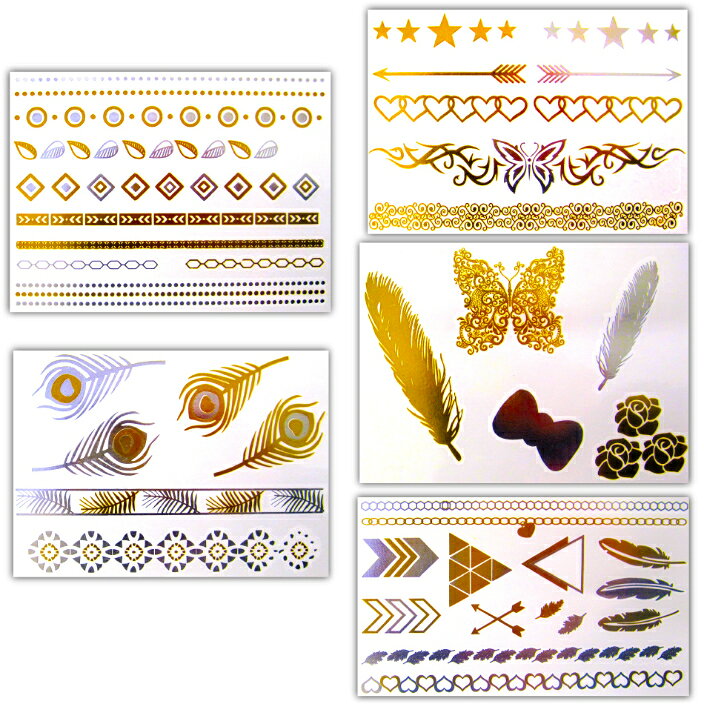 【5枚セット】フラッシュタトゥー フラッシュタトゥーシール Flash Tattoo タトゥーシール シャイニータトゥー ターコイズ ゴールド シルバー フェザー シェル スターフィッシュ チェーン ブレス【120種類デザイン】金 銀 羽根 貝 ヒトデ ビーチ