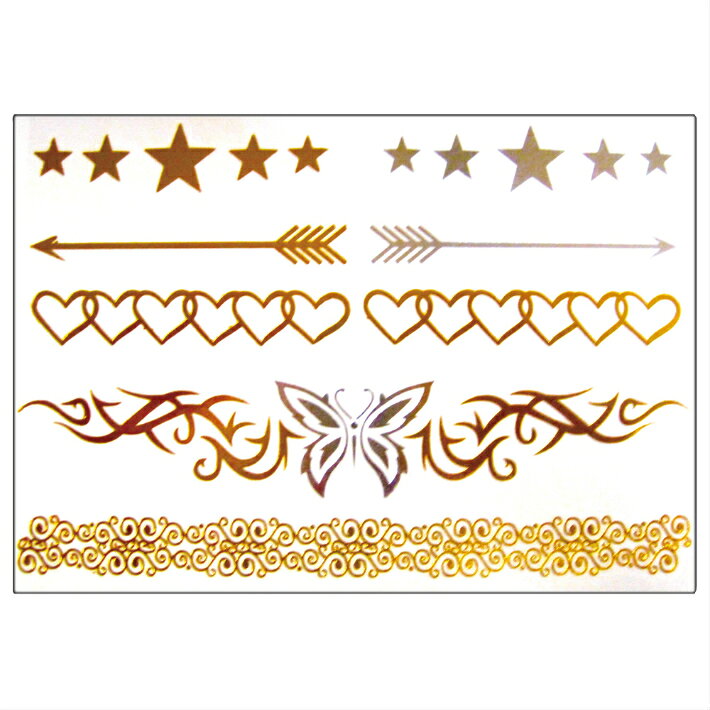 【5枚セット】フラッシュタトゥー フラッシュタトゥーシール Flash Tattoo タトゥーシール シャイニータトゥー ターコイズ ゴールド シルバー フェザー シェル スターフィッシュ チェーン ブレス【120種類デザイン】金 銀 羽根 貝 ヒトデ ビーチ