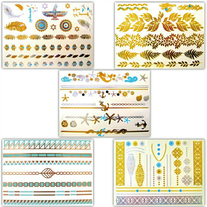 【5枚セット】フラッシュタトゥー フラッシュタトゥーシール Flash Tattoo タトゥーシール シャイニータトゥー ターコイズ ゴールド シルバー フェザー シェル スターフィッシュ チェーン ブレス【120種類デザイン】金 銀 羽根 貝 ヒトデ ビーチ