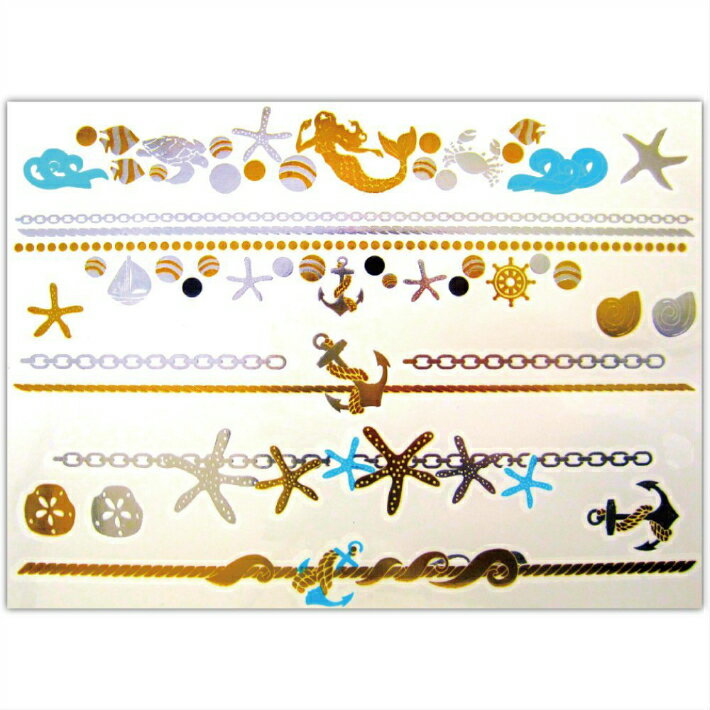 【5枚セット】フラッシュタトゥー フラッシュタトゥーシール Flash Tattoo タトゥーシール シャイニータトゥー ターコイズ ゴールド シルバー フェザー シェル スターフィッシュ チェーン ブレス【120種類デザイン】金 銀 羽根 貝 ヒトデ ビーチ