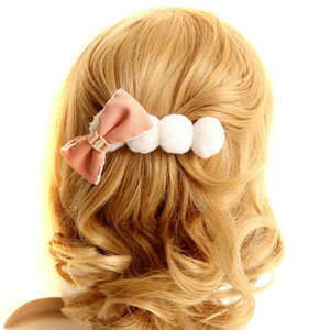 movo 　リボン　ファー　ポンポン　バレッタ／オリジナル　ヘアアクセサリー　ヘアピン/オシャレ/結婚式/パーティー　【メール便送料無料】