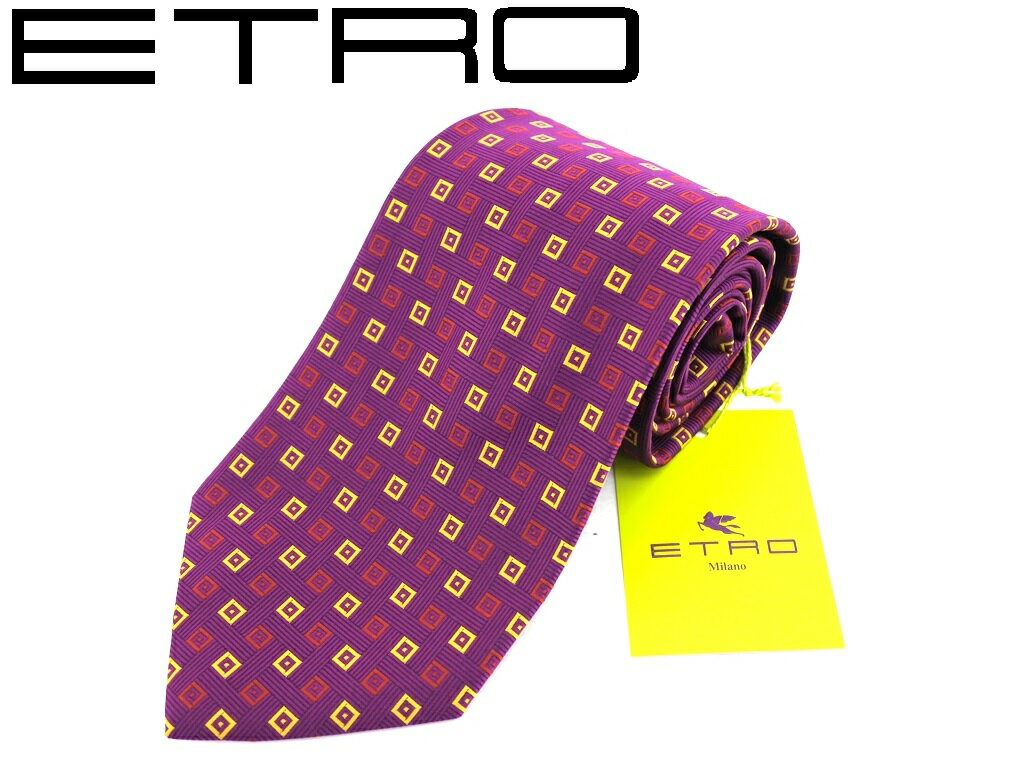 ●エトロ◆紫系マルチカラー スクエアモチーフ幾何学小紋柄 シルク100%ネクタイ【ETRO】送料無料