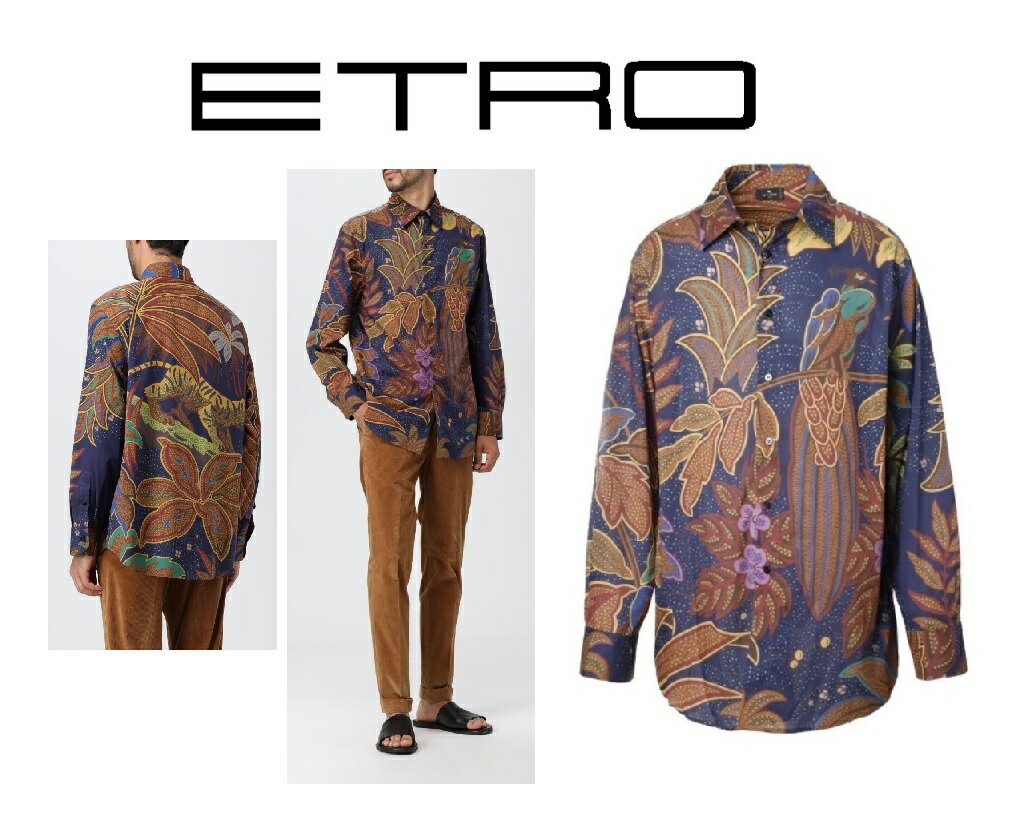 Rakuten - ●エトロ ETRO 40 / 41 / 42 イタリア製 ボタニカル×アニマル柄フォリアージュプリント コットンシャツ青系マルチカラー【送料無料】