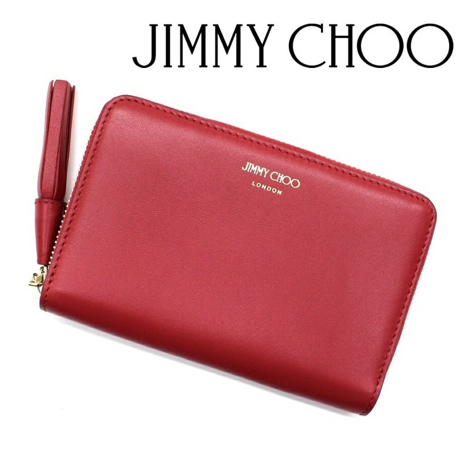 ジミーチュウ 財布（レディース） ★JIMMY CHOO ジミーチュウ 赤 カーフレザー ラウンドジップ タッセル付き 財布 送料無料