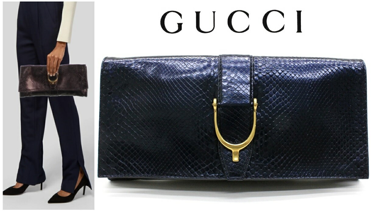 グッチ 結婚式向きバッグ メンズ ●GUCCI グッチ『ソフトスティラップ』パイソンレザーワイドクラッチバッグ メタリックネイビー 送料無料