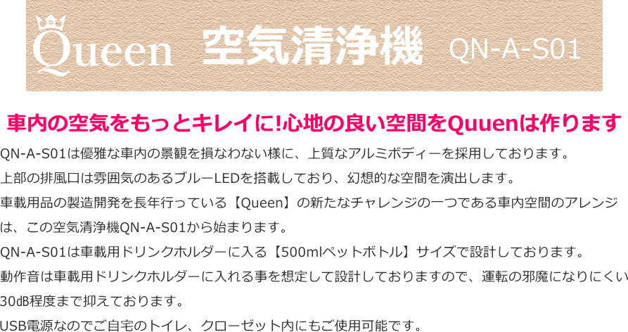 15日5%OFF Queen製 車載用空気清浄機 車載用 車用 空気清浄機 マイナスイオン発生機 PM2.5除去 花粉 脱臭 ウイルス 自動車 USB 2ポート QN-A-S01