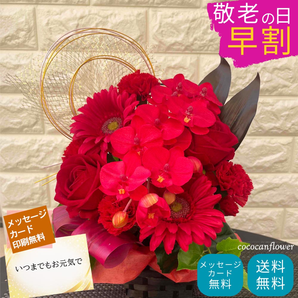 【敬老の日早割クーポン有り】 還暦 アレンジメント 胡蝶蘭 造花 光触媒 赤 レッド 薔薇 ガーベラ カーネーション 敬老の日 プレゼント おしゃれ フラワーアレンジメント 誕生日 メッセージ ミニ プチギフト お祝い 古希 百寿 還暦 傘寿 内祝い 結婚祝い スカーレット