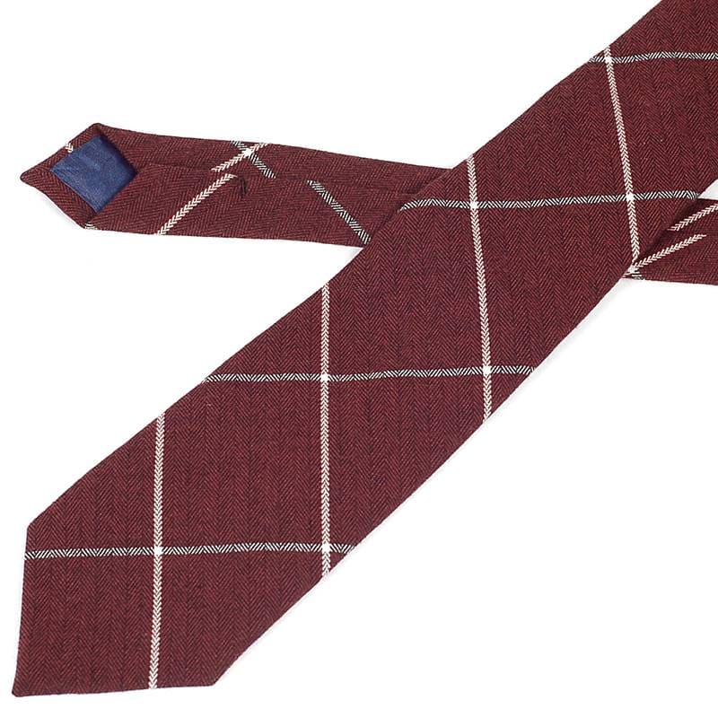 ネクタイ ワインレッド 赤色 ラインチェック、ウィンドーチェック柄 ウールタッチ 秋冬に似合う厚めの毛織生地 ネクタイ 送料無料 大剣幅8.0cm 父の日