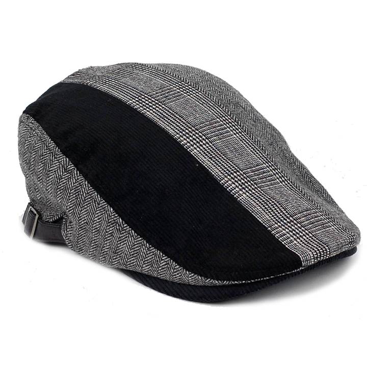 ハンチング メンズ レディース ブラック 黒色 ヘリンボーン グレンチェック ソリッド 3枚 はぎ 切替 ツイード 毛織 キャップ 帽子 58cm 調整可