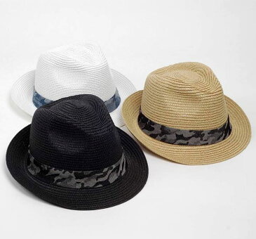 ペーパー ハット帽子 中折れハット カモ 帯 メンズ レディース 男女兼用 帽子 58cm フリーサイズ 微調整可能 形状記憶 UVカット 白 ベージュ ブラック 3色