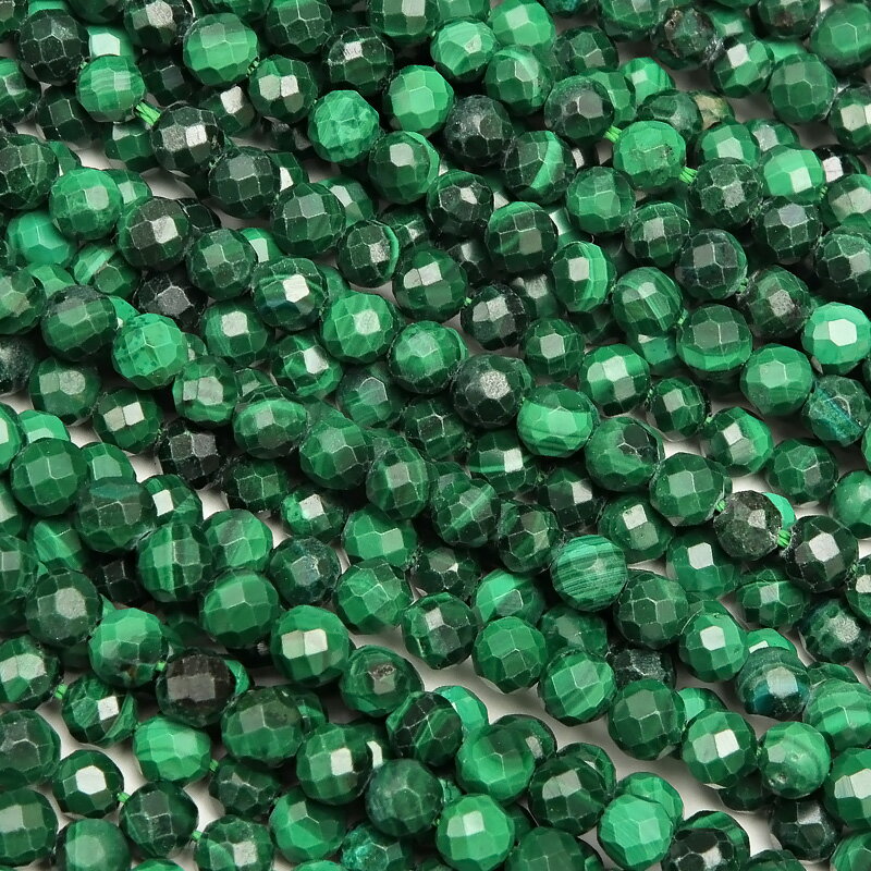 マラカイト 面カット 丸玉 3mm［プレミアムカット］【1連販売】▽ 孔雀石 Malachite ラウンドカット 極小 連売り 天然石 ビーズ パワーストーン パーツ アクセサリー 素材 材料