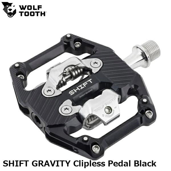 WOLF TOOTH ウルフトゥース SHIFT GRAVITY Clipless Pedal Black 自転車 ビンディングペダル ●ブランド ウルフトゥースコンポーネンツ ●wolf2606-210 U1SHIFT-CLPS-BLK ●JANコード 0810159403559 ●商品説明 ◆高い安定感とコントロール性能 ダウンヒル、エンデューロ、アグレッシブなトレイルライディングにおいて、最大限のサポートと圧倒的な安心感を提供するために設計されました。 スムーズなクリップイン／アウト性能に加え、前後の接触面積を拡大し、付属のリアローディング式グリップピンを装着することで、さらに高いコントロール性を実現します。 ■商品のデザイン、仕様、外観、は予告なく変更する場合がありますのでご了承ください。 サイクルパーツ ペダル クリート 自転車 ビンディングペダル 自転車 ロードバイク MTB マウンテンバイク シクロクロス クロスバイク●ブランド ウルフトゥースコンポーネンツ ●wolf2606-210 U1SHIFT-CLPS-BLK ●JANコード 0810159403559 ●商品説明 ◆高い安定感とコントロール性能 ダウンヒル、エンデューロ、アグレッシブなトレイルライディングにおいて、最大限のサポートと圧倒的な安心感を提供するために設計されました。 スムーズなクリップイン／アウト性能に加え、前後の接触面積を拡大し、付属のリアローディング式グリップピンを装着することで、さらに高いコントロール性を実現します。 ◆最大クラスのプラットフォーム プラットフォームサイズ（1201mm）は、SPD対応ペダルの中でも最大クラスです。 この広いプラットフォームがシューズをしっかりと捉え、過酷な地形や高速走行時にも高い安定感を発揮します。 ◆軽量・薄型設計による走行性能の向上 他のグラビティ系MTBペダルと比べて軽量（410g）かつ薄型（15mm）で、非常に低いスタックハイトを実現しています。 薄型設計によりコーナリング時のクリアランスが向上し、バイクの重心も低く保たれます。 さらに、バインディングケージ中央のオープン構造により、泥抜け性能も向上しています。 ◆調整可能なQファクター Qファクターを4mm刻みで調整可能です。（51、55、59mmmm） さらに、2mmスペーサー4枚を含むスペーサーキット（別売）を使用することで、より細かな調整も可能です。これらの作業は自宅でも簡単に行えます。 重量：410g 付属品：クリート（シム・ボルト） [素材] ボディ：6061-T6アルミニウム（CNC加工） アクスル：熱処理済み17-4PHステンレススチール バインディングケージ：ステンレススチール ハードウェア：ステンレススチール サイクルパーツ ペダル クリート 自転車 ビンディングペダル 自転車 ロードバイク MTB マウンテンバイク シクロクロス クロスバイク