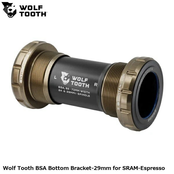 WOLF TOOTH ウルフトゥース Wolf Tooth BSA Bottom Bracket-29mm for SRAM-Espresso 自転車 ボトムブラケット(BB) ●ブランド ウルフトゥースコンポーネンツ ●wolf2606-252 U1WBB-BSA-29-ESP ●JANコード 0810159402194 ●商品説明 不快な異音の徹底排除に加え、クラス最高レベルの耐久性、悪環境下でも内部を守る防水・防塵性能、圧倒的に滑らかな低フリクション性能を両立するボトムブラケット。 ■商品のデザイン、仕様、外観、は予告なく変更する場合がありますのでご了承ください。 サイクルパーツ ドライブトレイン 自転車 ボトムブラケット(BB) 自転車 ロードバイク MTB マウンテンバイク シクロクロス クロスバイク●ブランド ウルフトゥースコンポーネンツ ●wolf2606-252 U1WBB-BSA-29-ESP ●JANコード 0810159402194 ●商品説明 不快な異音の徹底排除に加え、クラス最高レベルの耐久性、悪環境下でも内部を守る防水・防塵性能、圧倒的に滑らかな低フリクション性能を両立するボトムブラケット。 〜特徴〜 ◆異音対策 カスタム設計されたポリマー製ブッシュにより、ベアリングのインナーレースとクランクスピンドルの金属接触を防止。 異音の主な原因を根本から排除します。 ◆クラス最高レベルのシーリング性能 多層構造のシーリングシステムが水・泥・塵の侵入をシャットアウトし、ベアリング寿命を大幅に向上させます。 ◆優れた回転性能 シーリング性能を維持しつつ、ラジアル荷重やアライメント、プリロード調整を最適化。 低フリクションで滑らかな回転を実現します。 ◆高性能ベアリング ベアリングには、ステンレススチールを上回る表面硬度を誇る熱処理済みクロムベアリングスチール（AISI52100）を採用。 さらに、ACOSUZNAコーティングにより、500時間の塩水噴霧試験においてもステンレス同等以上の耐腐食性を発揮します。 ◆MadeinUSA 設計から加工・組み立てまで、すべてミネソタ州のウルフトゥース本社で一貫して行っています。 ◆豊富なカラー展開 ブラック、ロウシルバー、ウルトラバイオレットパープル、オレンジの4色をラインアップ。 他のウルフトゥース製パーツと組み合わせることで、バイクを個性的に彩ることができます。 【BSABottomBacket】 最も普及しているBSA（ねじ切り）規格対応。 スピンドル径：24mm,29mm,30mm 対応シェル幅：68〜73mm(付属のスリーブで調整可能) ※83mm(DH)、100mm(ファットバイク)用スリーブは別売 使用工具： o24mm用：外径44mm/16ノッチ用BBツール o29/30mm用：外径46mm/12ノッチ用BBツール 重量：24mm83g|29mm87g|30mm82g(スペーサー含まず) サイクルパーツ ドライブトレイン 自転車 ボトムブラケット(BB) 自転車 ロードバイク MTB マウンテンバイク シクロクロス クロスバイク