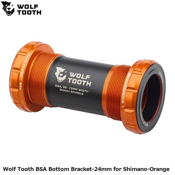 WOLF TOOTH ウルフトゥース Wolf Tooth BSA Bottom Bracket-24mm for Shimano-Orange 自転車 ボトムブラケット(BB) ●ブランド WolfTooth ●wt2602-355 U1WBB-BSA-24-ORG ●JANコード 0810159401272 ●商品説明 不快な異音の徹底排除に加え、クラス最高レベルの耐久性、悪環境下でも内部を守る防水・防塵性能、圧倒的に滑らかな低フリクション性能を両立するボトムブラケット。 ■商品のデザイン、仕様、外観、は予告なく変更する場合がありますのでご了承ください。 サイクルパーツ ドライブトレイン 自転車 ボトムブラケット(BB) 自転車 ロードバイク MTB マウンテンバイク シクロクロス クロスバイク●ブランド WolfTooth ●wt2602-355 U1WBB-BSA-24-ORG ●JANコード 0810159401272 ●商品説明 不快な異音の徹底排除に加え、クラス最高レベルの耐久性、悪環境下でも内部を守る防水・防塵性能、圧倒的に滑らかな低フリクション性能を両立するボトムブラケット。 〜特徴〜 ◆異音対策 カスタム設計されたポリマー製ブッシュにより、ベアリングのインナーレースとクランクスピンドルの金属接触を防止。 異音の主な原因を根本から排除します。 ◆クラス最高レベルのシーリング性能 多層構造のシーリングシステムが水・泥・塵の侵入をシャットアウトし、ベアリング寿命を大幅に向上させます。 ◆優れた回転性能 シーリング性能を維持しつつ、ラジアル荷重やアライメント、プリロード調整を最適化。 低フリクションで滑らかな回転を実現します。 ◆高性能ベアリング ベアリングには、ステンレススチールを上回る表面硬度を誇る熱処理済みクロムベアリングスチール（AISI52100）を採用。 さらに、ACOSURZNAコーティングにより、500時間の塩水噴霧試験においてもステンレス同等以上の耐腐食性を発揮します。 ◆MadeinUSA設計から加工・組み立てまで、すべてミネソタ州のウルフトゥース本社で一貫して行っています。 ◆豊富なカラー展開 ブラック、ロウシルバー、ウルトラバイオレットパープル、オレンジの4色をラインアップ。 他のウルフトゥース製パーツと組み合わせることで、バイクを個性的に彩ることができます。 【BSABottomBracket】 最も普及しているBSA（ねじ切り）規格対応。 スピンドル径：24mm,29mm,30mm 対応シェル幅：68〜73mm(付属のスリーブで調整可能) ※83mm(DH)、100mm(ファットバイク)用スリーブは別売 使用工具： o24mm用：外径44mm/16ノッチ用BBツール o29/30mm用：外径46mm/12ノッチ用BBツール 重量：24mm83g|29mm87g|30mm82g(スペーサー含まず) サイクルパーツ ドライブトレイン 自転車 ボトムブラケット(BB) 自転車 ロードバイク MTB マウンテンバイク シクロクロス クロスバイク