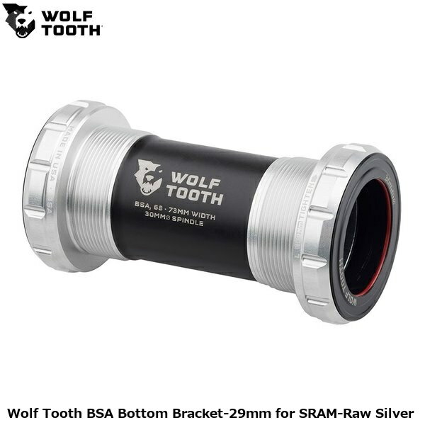 WOLF TOOTH ウルフトゥース Wolf Tooth BSA Bottom Bracket-29mm for SRAM-Raw Silver 自転車 ボトムブラケット(BB) ●ブランド WolfTooth ●wt2602-360 U1WBB-BSA-29-RSIL ●JANコード 0810159401333 ●商品説明 不快な異音の徹底排除に加え、クラス最高レベルの耐久性、悪環境下でも内部を守る防水・防塵性能、圧倒的に滑らかな低フリクション性能を両立するボトムブラケット。 ■商品のデザイン、仕様、外観、は予告なく変更する場合がありますのでご了承ください。 サイクルパーツ ドライブトレイン 自転車 ボトムブラケット(BB) 自転車 ロードバイク MTB マウンテンバイク シクロクロス クロスバイク●ブランド WolfTooth ●wt2602-360 U1WBB-BSA-29-RSIL ●JANコード 0810159401333 ●商品説明 不快な異音の徹底排除に加え、クラス最高レベルの耐久性、悪環境下でも内部を守る防水・防塵性能、圧倒的に滑らかな低フリクション性能を両立するボトムブラケット。 〜特徴〜 ◆異音対策 カスタム設計されたポリマー製ブッシュにより、ベアリングのインナーレースとクランクスピンドルの金属接触を防止。 異音の主な原因を根本から排除します。 ◆クラス最高レベルのシーリング性能 多層構造のシーリングシステムが水・泥・塵の侵入をシャットアウトし、ベアリング寿命を大幅に向上させます。 ◆優れた回転性能 シーリング性能を維持しつつ、ラジアル荷重やアライメント、プリロード調整を最適化。 低フリクションで滑らかな回転を実現します。 ◆高性能ベアリング ベアリングには、ステンレススチールを上回る表面硬度を誇る熱処理済みクロムベアリングスチール（AISI52100）を採用。 さらに、ACOSURZNAコーティングにより、500時間の塩水噴霧試験においてもステンレス同等以上の耐腐食性を発揮します。 ◆MadeinUSA設計から加工・組み立てまで、すべてミネソタ州のウルフトゥース本社で一貫して行っています。 ◆豊富なカラー展開 ブラック、ロウシルバー、ウルトラバイオレットパープル、オレンジの4色をラインアップ。 他のウルフトゥース製パーツと組み合わせることで、バイクを個性的に彩ることができます。 【BSABottomBracket】 最も普及しているBSA（ねじ切り）規格対応。 スピンドル径：24mm,29mm,30mm 対応シェル幅：68〜73mm(付属のスリーブで調整可能) ※83mm(DH)、100mm(ファットバイク)用スリーブは別売 使用工具： o24mm用：外径44mm/16ノッチ用BBツール o29/30mm用：外径46mm/12ノッチ用BBツール 重量：24mm83g|29mm87g|30mm82g(スペーサー含まず) サイクルパーツ ドライブトレイン 自転車 ボトムブラケット(BB) 自転車 ロードバイク MTB マウンテンバイク シクロクロス クロスバイク
