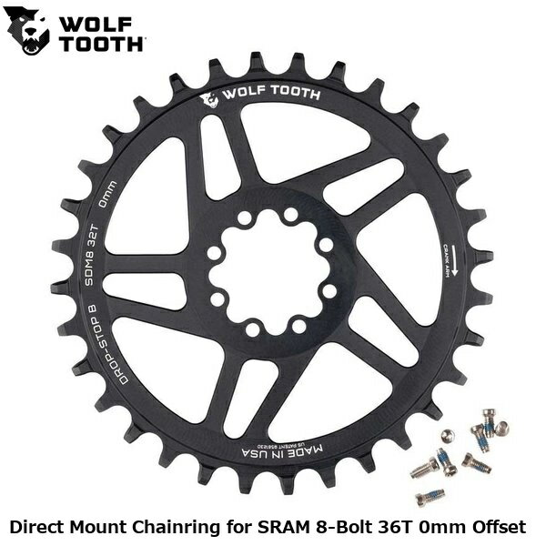WOLF TOOTH　ウルフトゥース Direct Mount Chainring for SRAM 8-Bolt 36T 0mm Offset 自転車 チェーンリング ●ブランド ウルフトゥースコンポーネンツ ●wt2602-87 U1SDM8-R-B-00F-36 ●JANコード 0810006808964 ●商品説明 【SRAM8ボルトマウンテンクランク用ダイレクトマウントチェーンリング】 SRAMTransmissionマウンテングループセットおよびT-Typeチェーンに最適化されたチェーンリングです。 純正サイズ以外の歯数を求めるユーザーや、USA製の高精度チェーンリングへのアップグレードを希望するユーザーに適しています。 ■商品のデザイン、仕様、外観、は予告なく変更する場合がありますのでご了承ください。 サイクルパーツ ドライブトレイン 自転車 チェーンリング 自転車 ロードバイク MTB マウンテンバイク シクロクロス クロスバイク●ブランド ウルフトゥースコンポーネンツ ●wt2602-87 U1SDM8-R-B-00F-36 ●JANコード 0810006808964 ●商品説明 【SRAM8ボルトマウンテンクランク用ダイレクトマウントチェーンリング】 SRAMTransmissionマウンテングループセットおよびT-Typeチェーンに最適化されたチェーンリングです。 純正サイズ以外の歯数を求めるユーザーや、USA製の高精度チェーンリングへのアップグレードを希望するユーザーに適しています。 ■オフセット仕様 3mmオフセット：DUBWIDEスピンドル採用のSRAMMTBクランク用。 SRAMT-TypeTransmissionで必要なチェーンライン55mmに対応。 0mmオフセット：DUBスピンドル採用のSRAMXX1SLクランク用。 チェーンラインを52mm→55mmに補正。 ■互換性 SRAMT-TypeTransmissionAXSクランクセット SRAMTransmission70/90クランク CaneCreekeeWingsTitaniumCranks（2025年モデル・8ボルト） その他8ボルト規格を採用するクランク SRAMT-TypeTransmissionDUBWideMTBクランクも同規格に対応 WolfTooth特許Drop-Stop?Bワイド/ナロー歯形を採用し、チェーン保持力と泥はけ性能を強化。 オフセット：3mm/0mmチェーンライン：DUBWideMTB・・・55mm（3mmオフセット） DUB・・・55mm（0mmオフセット）、52mm（3mmオフセット） ■推奨事項 チェーン保持性向上のためクラッチ付きリアディレイラーを推奨 付属の専用T20ボルトを使用（トルク：4Nm、T20ツールで締付け） ■仕様 重量：30T=65g｜32T=69g｜34T=73g｜36T=77g 素材：7075-T6アルミニウム 付属品：専用T20ステンレススチールボルト（8本） 製造国：アメリカ製 サイクルパーツ ドライブトレイン 自転車 チェーンリング 自転車 ロードバイク MTB マウンテンバイク シクロクロス クロスバイク