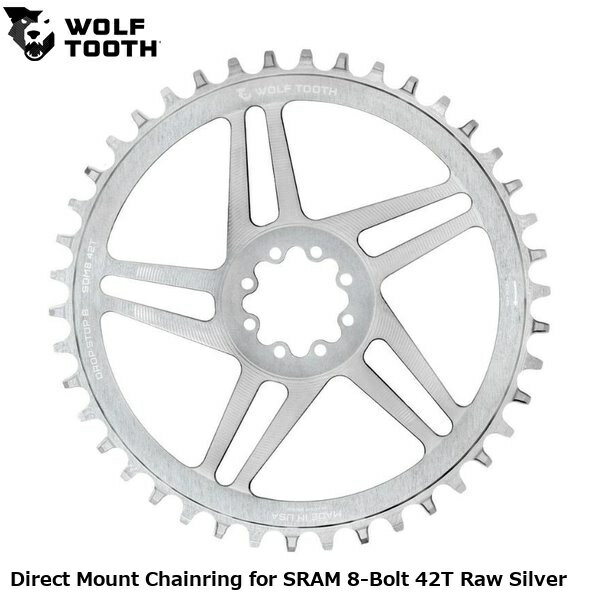 WOLF TOOTH　ウルフトゥース Direct Mount Chainring for SRAM 8-Bolt 42T Raw Silver 自転車 チェーンリング ●ブランド ウルフトゥースコンポーネンツ ●wt2602-91 U1SDM8-42-PLT ●JANコード 0810159402040 ●商品説明 既存のスパイダー＋チェーンリングを、軽量かつ高剛性のワンピース構造へ置き換えるダイレクトマウントチェーンリングです。 WolfTooth特許のDrop-Stop歯形を採用し、優れた耐久性・チェーン保持力・泥はけ性能を実現。 Drop-StopBはSRAMEagleチェーンおよびFlattopチェーンに最適化されています。 ■商品のデザイン、仕様、外観、は予告なく変更する場合がありますのでご了承ください。 サイクルパーツ ドライブトレイン 自転車 チェーンリング 自転車 ロードバイク MTB マウンテンバイク シクロクロス クロスバイク●ブランド ウルフトゥースコンポーネンツ ●wt2602-91 U1SDM8-42-PLT ●JANコード 0810159402040 ●商品説明 既存のスパイダー＋チェーンリングを、軽量かつ高剛性のワンピース構造へ置き換えるダイレクトマウントチェーンリングです。 WolfTooth特許のDrop-Stop歯形を採用し、優れた耐久性・チェーン保持力・泥はけ性能を実現。 Drop-StopBはSRAMEagleチェーンおよびFlattopチェーンに最適化されています。 ■互換性 エアロチェーンリング：46T〜52T 非エアロチェーンリング：38T〜42T SRAMAXSクランクセット CaneCreekeeWingsTitaniumCranks（2025年モデル・8ボルト） その他8ボルト規格を採用するクランク SRAMDirectMountDUBロードクランク（およびスパイダー脱着式クランク） 対応グループセット：SRAM12速・13速（SRAMRedXPLRAXSを含む） ■特長 WolfTooth特許Drop-Stop?ワイド/ナロー歯形 →高いチェーン保持力と泥はけ性能 歯数：38T〜52T チェーンライン：標準スピンドルクランク・・・45mm ワイドスピンドルクランク・・・47.5mm ■推奨事項 チェーン保持性を高めるためクラッチ付きリアディレイラーの使用を推奨付属の専用T20ボルトを使用（トルク：4Nm、T20ビットで締付け） ■仕様 重量：38T=89g｜40T=106g｜42T=109g｜44T=111g 46T=142g｜48T=152g｜50T=164g｜52T=174g 素材：7075-T6アルミニウム 付属品：専用T20ステンレススチールボルト（8本） 製造国：アメリカ製 ■歯形（ToothProfile） Drop-StopB 特徴：Drop-StopAに近い形状だが、歯幅がやや細い 歯間を深く設計し、Flattopチェーンの大径ローラーに対応 ワイド/ナロー歯の外面がチェーンに接触し、確実なアライメントを確保 サイクルパーツ ドライブトレイン 自転車 チェーンリング 自転車 ロードバイク MTB マウンテンバイク シクロクロス クロスバイク