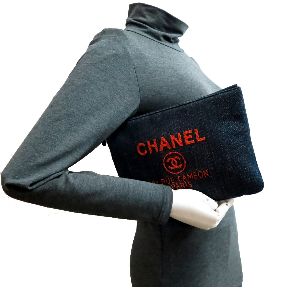 【プライスダウン】【銀座店】 シャネル ドーヴィル 手持ちかばん バッグインバッグ デニム風 レディース クラッチバッグ A80802 キャンバス ネイビー/オレンジ DH51806【大黒屋質店出品】 【中古】【送料無料】【店頭受取対応商品】