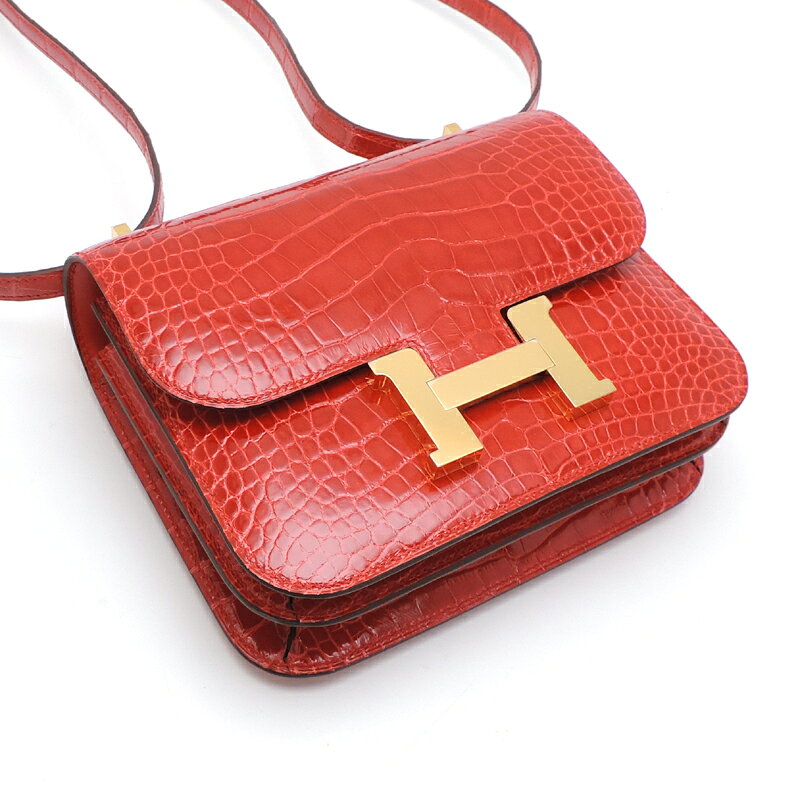 【銀座店】エルメスコンスタンス3ミニD刻印2019年製ゴールド金具レディースショルダーバッグアリゲータールージュクー(レッド系)DH68290【大黒屋質店出品】【中古】【送料無料】【店頭受取対応商品】