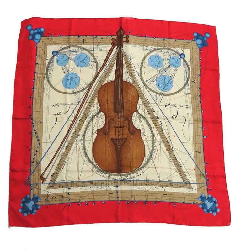 【銀座店】 エルメス カレ90 La Musique des Spheres 球体が奏でる音楽 ※タグなし レディース スカーフ シルク100％ マルチ（レッド系） DH78921【大黒屋質店出品】 【中古】【送料無料】【店頭受取対応商品】のサムネイル