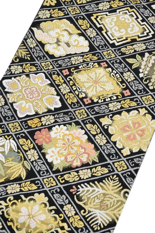 【ショップ評価★5ありがとう♪】着物だいやす 163■袋帯■西陣まいづる　有職菱秀花文　黒色　特選　茶席【正絹】【仕立て上がり帯】【送料無料】【新品】
