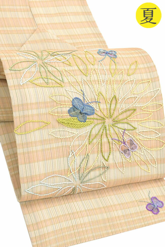 乐天商城 - 【ショップ評価★5ありがとう♪】着物だいやす SALE881■名古屋帯■夏帯　刺繍　アップリケ　切付　格子に花蝶【正絹】【仕立て上がり帯】【送料無料】【新品】